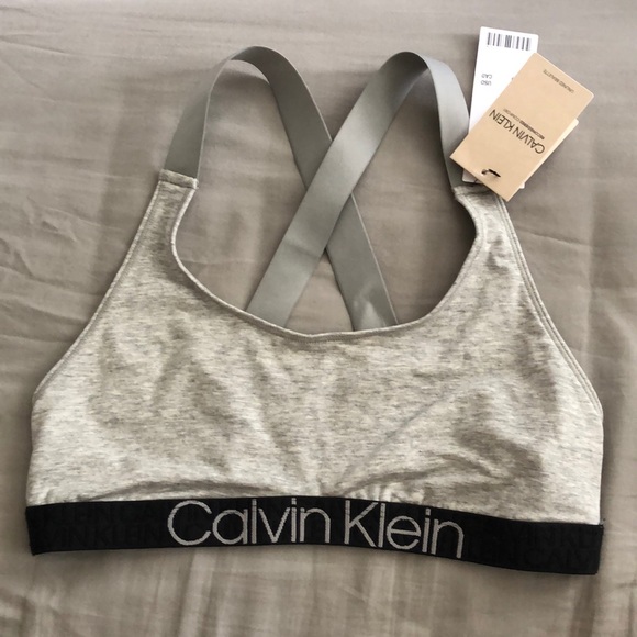 NWT Calvin Klein Reconsidered Comfort Unlined Cross Back Logo Bra Gray/Black S - Picture 3 of 5